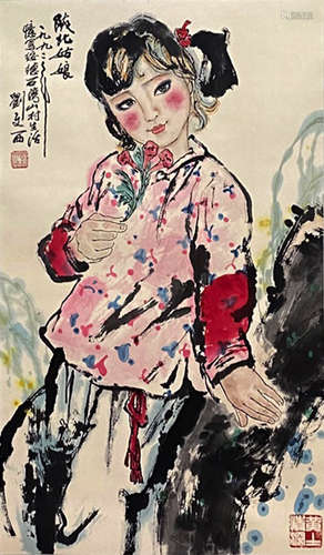 A Chinese Young Girl Painting Paper Scroll, Liu Wenxi Mark