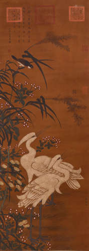 A Chinese Flower and Bird Painting Silk Scroll, Lin Chun Mar...