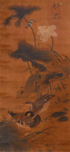 A Chinese Flower and Bird Painting Silk Scroll, Wen Tong Mar...