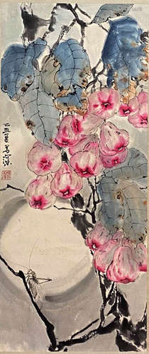 A Chinese Flower&Bird Painting Paper Scroll, Yang Shanshen M...