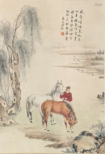 A Chinese Figure and Horse Painting Paper Scroll