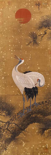 A Chinese Crane and Red Sun Painting Scroll, Liu Songnian Ma...