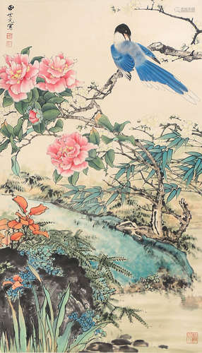 A Chinese Flower and Bird Painting Scroll, Tian Shiguang Mar...