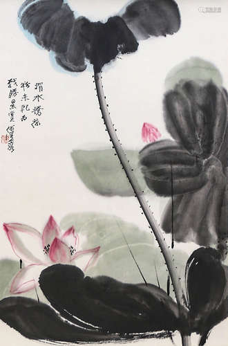 A Chinese Lotus Painting Scroll, He Haixia Mark