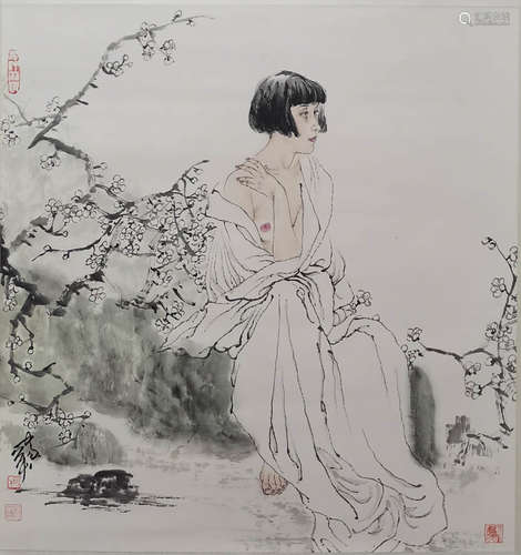 A Chinese Figure Painting Paper Scroll, He Jiaying Mark