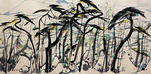 A Chinese Landscape Painting Paper Scroll, Wu Guanzhong Mark