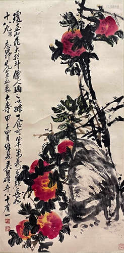 A Chinese Flower&Bird Painting Paper Scroll, Wu Changshuo Ma...