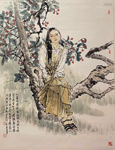 A Chinese Figure Painting Paper Scroll, He Jiaying Mark