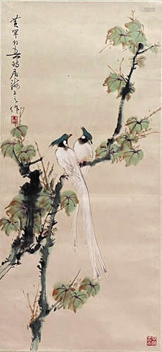 A Chinese Flower&Bird Painting Paper Scroll, Huang Huanwu Ma...