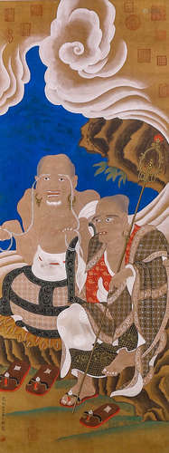 A Chinese Arhat Painting Scroll, Longmianjushi Mark