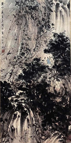 A Chinese Landscape Painting Paper Scroll, Fu Baoshi Mark