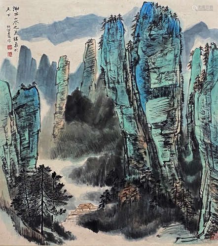 A Chinese Landscape Painting Paper Scroll, He Haixia Mark