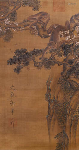 A Chinese Monkey Painting Silk Scroll, Song Huizong Mark