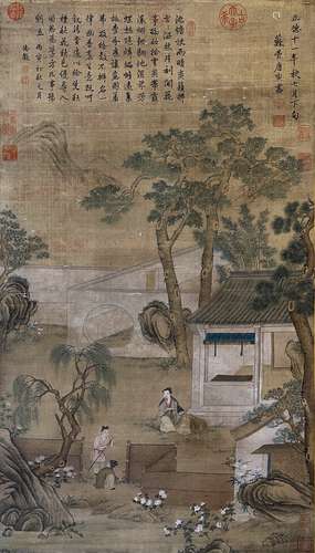 A Chinese Figure and Chrysanthemum Painting Silk Scroll, Tan...