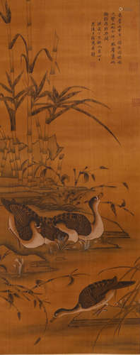 A Chinese Flower and Bird Painting Silk Scroll, Wang Fu Mark