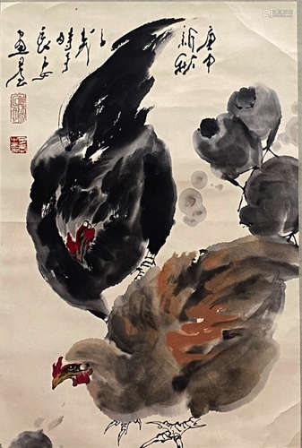 A Chinese Rooster Painting Paper Scroll, Wang Ziwu Mark