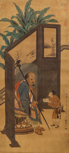 A Chinese Arhat Painting Scroll, Ding Guanpeng Mark