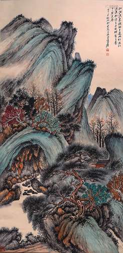 A Chinese Pine and Mountain Painting Scroll, Zhang Daqian Ma...