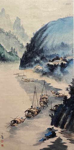 A Chinese Landscape Painting Paper Scroll, Huang Huanwu Mark