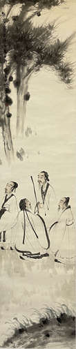 A Chinese Scholars and Pine Painting Paper Scroll, Fu Baoshi...