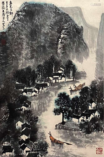 A Chinese Landscape Painting Paper Scroll, Li Keran Mark