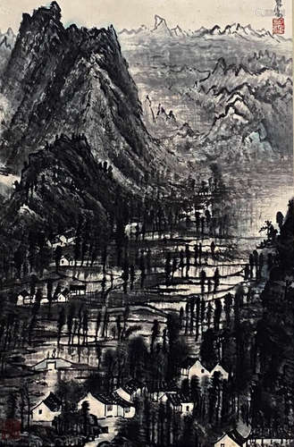 A Chinese Landscape Painting Paper Scroll, Li Keran Mark