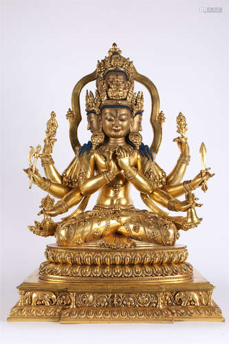 A Gilt Copper Guanyin Bodhisattva Statue.