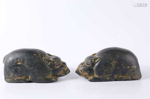 A Set of Black Stone Rat Sculptures.