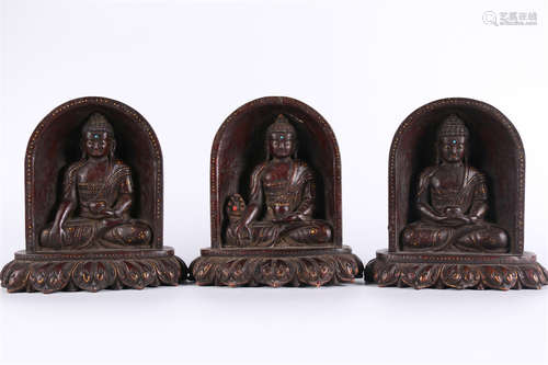 A Set of Wooden Sakyamuni Buddha Statues.