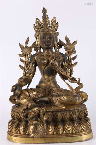 A Gilt Copper Green Tara Buddha Statue.