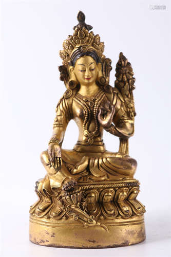 A Gilt Copper Green Tara Buddha Statue.