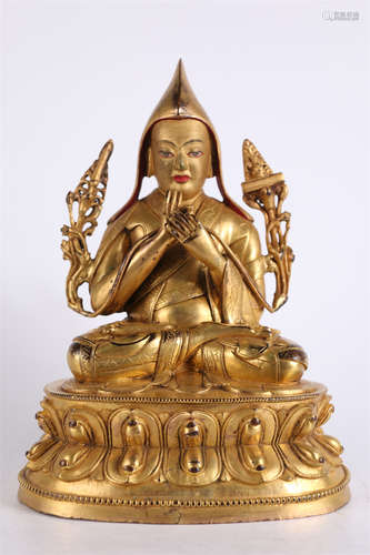 A Gilt Copper Tsongkhapa Buddha Statue.