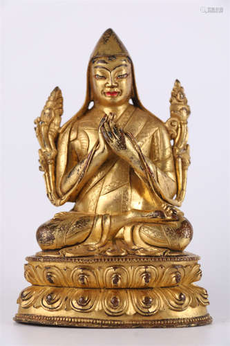 A Gilt Copper Tsongkhapa Buddha Statue.