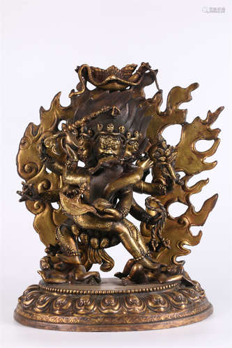 A Gilt Copper Yamantaka Buddha Statue.