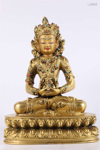 A Gilt Copper Amitayus Buddha Statue.