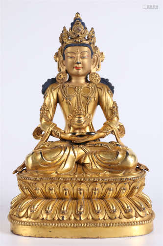 A Gilt Copper Amitayus Buddha Statue.