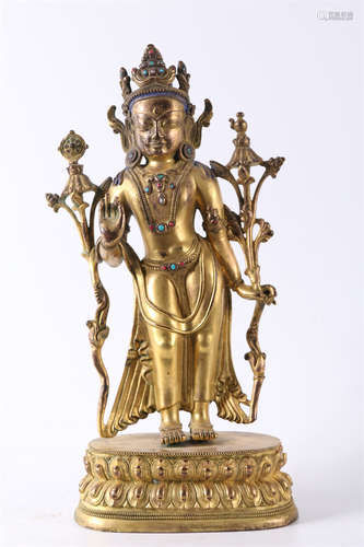 A Gilt Copper Buddha Statue, Holding Lotus.