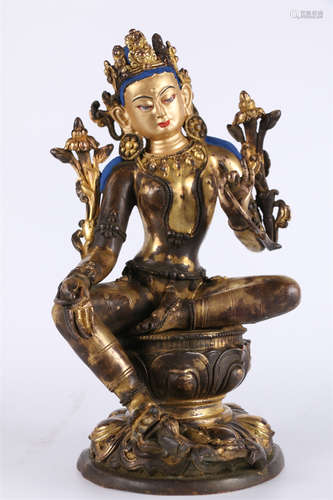 A Gilt Copper Green Tara Buddha Statue.