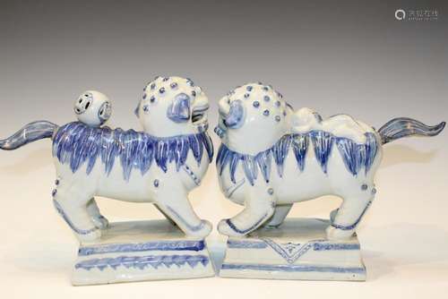 Pair of Chinese Blue and White Porcelain Foo Dogs, Qianlong ...