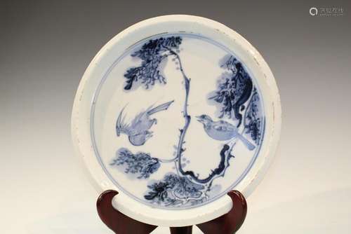 Chinese Blue and White Porcelain Plate with Birds Decoration