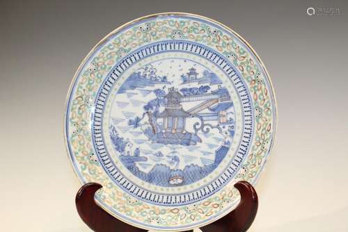 Chinese Famiile Rose Blue and White Porcelain Dish, Kangxi M...