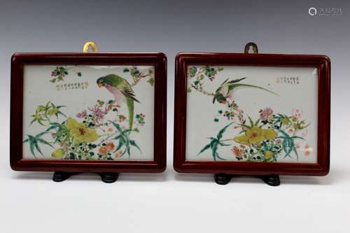 Pair of Chinese Painted Porcelain Plaques of Bird and Flower...