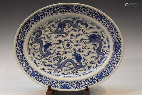 Chinese Blue and White Oval Porcelain Platter with Dragon De...