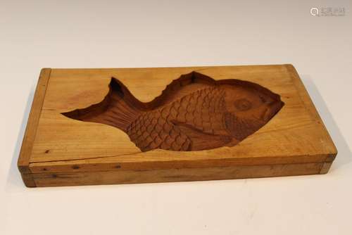 Large Chinese Carved Wood Fish Cake Mold.