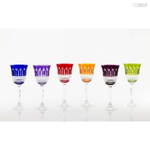 A set of 6 coloured "Roemers" crystal glasses