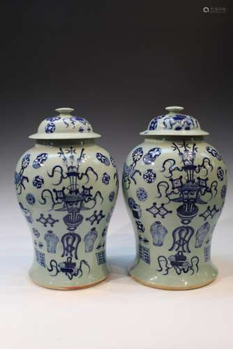 Pair of Large Chinese Celadon Glaze Blue and White Porcelain...