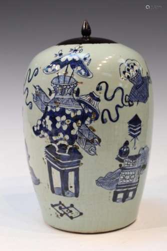 Chinese Celadon Glaze Blue and White Porcelain Jar with Wood...