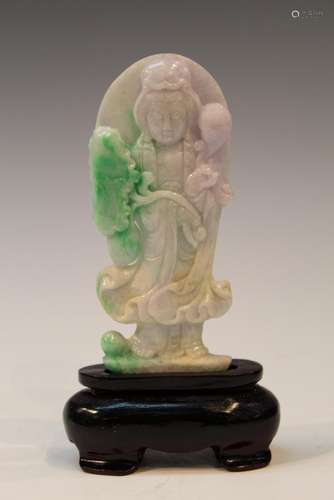 Chinese Carved Jadeite Guanyin Statue on Wood Stand