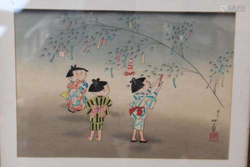 Hitoshi Kiyohara: Kids at a wishing tree, Japanese woodblock...