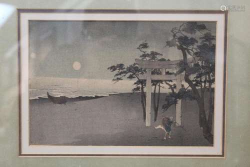 Japanese woodblock print: The moon over the shrine gate